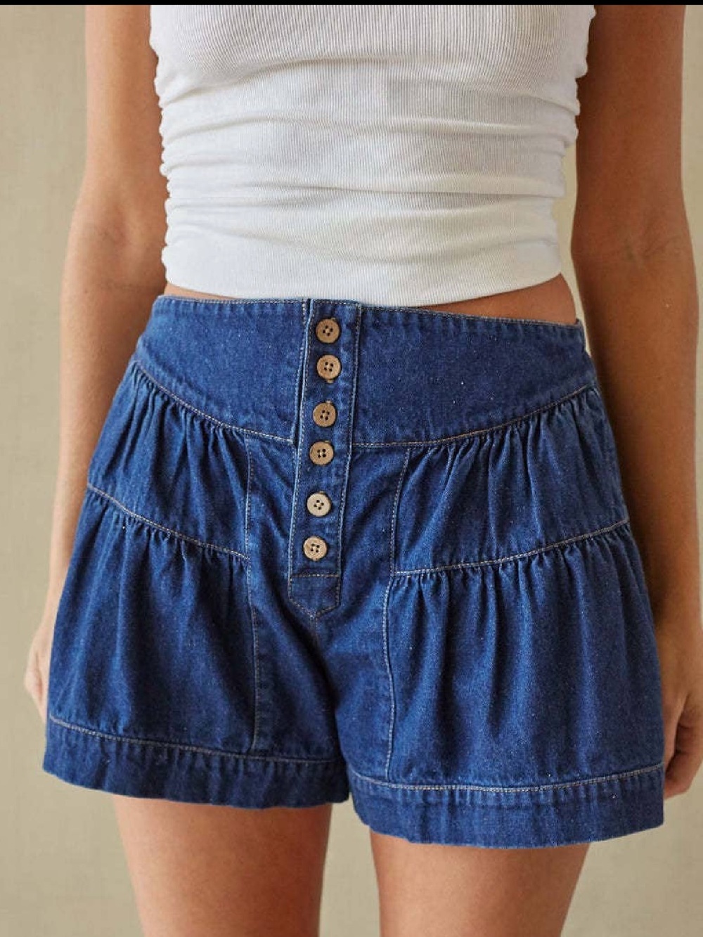 EmberLoom Blue Button-Up High-Waist Shorts with Ruffled Design